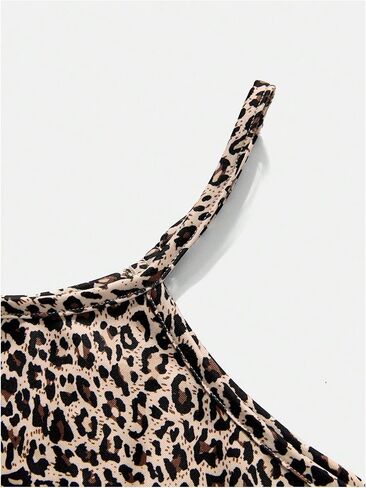 Wdirara Girl's Leopard Print Cami Top Crew Neck Spaghetti Strap Camisole Slim Fit Crops in Kuwait