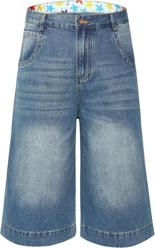 Men's Non-Stretch Loose Fit Wide-Leg Super Baggy Extra Long Denim Shorts Jorts-17 Inseam Below Knee in Kuwait