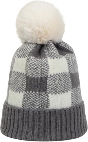 CORIRESHA Unisex Fashion Checkered Beanie Winter Warm Knit Plaid Hat with Pom Pom in Kuwait
