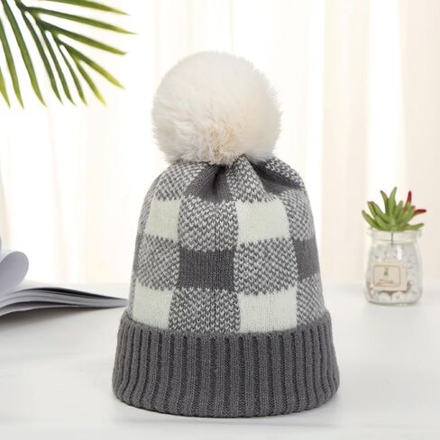 CORIRESHA Unisex Fashion Checkered Beanie Winter Warm Knit Plaid Hat with Pom Pom in Kuwait