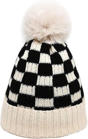 CORIRESHA Unisex Fashion Checkered Beanie Winter Warm Knit Plaid Hat with Pom Pom in Kuwait