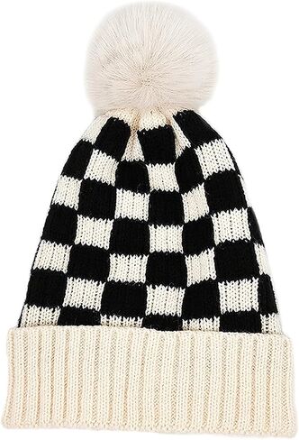CORIRESHA Unisex Fashion Checkered Beanie Winter Warm Knit Plaid Hat with Pom Pom in Kuwait