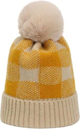 CORIRESHA Unisex Fashion Checkered Beanie Winter Warm Knit Plaid Hat with Pom Pom in Kuwait