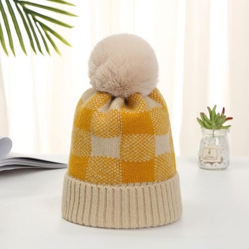 CORIRESHA Unisex Fashion Checkered Beanie Winter Warm Knit Plaid Hat with Pom Pom in Kuwait