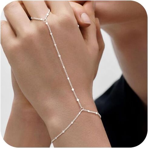 Tewiky Hand Chain Bracelet Ring, 14K Gold Plated/Silver Finger Ring Bracelet, Zircon Sequins Satellite Chain for Women, Trendy Non-Tarnish Jewelry in Kuwait