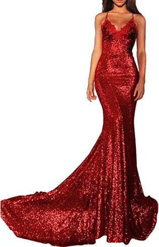 Women Spaghetti Strap Mermaid Long Sequin Evening Gown Open Back Prom Dress in Saudi Arabia