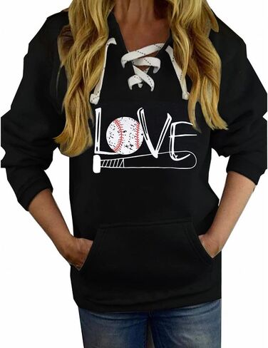 Hoodies النسائية للبيسبول للسيدات طويلة الأكمام الدانتيل لأعلى رقبة الحب طباعة غير رسمية للبلوزات الرياضية الرياضية مع الجيوب in Saudi Arabia
