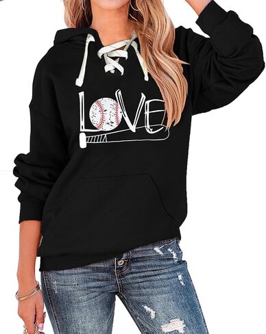 Hoodies النسائية للبيسبول للسيدات طويلة الأكمام الدانتيل لأعلى رقبة الحب طباعة غير رسمية للبلوزات الرياضية الرياضية مع الجيوب in Saudi Arabia
