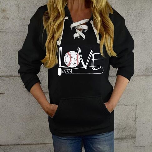 Hoodies النسائية للبيسبول للسيدات طويلة الأكمام الدانتيل لأعلى رقبة الحب طباعة غير رسمية للبلوزات الرياضية الرياضية مع الجيوب in Saudi Arabia
