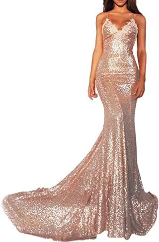 Women Spaghetti Strap Mermaid Long Sequin Evening Gown Open Back Prom Dress in Saudi Arabia
