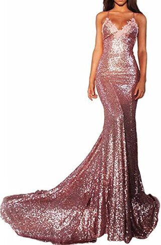 Women Spaghetti Strap Mermaid Long Sequin Evening Gown Open Back Prom Dress in Saudi Arabia