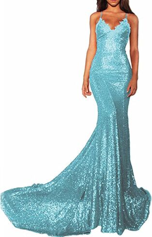 Women Spaghetti Strap Mermaid Long Sequin Evening Gown Open Back Prom Dress in Saudi Arabia