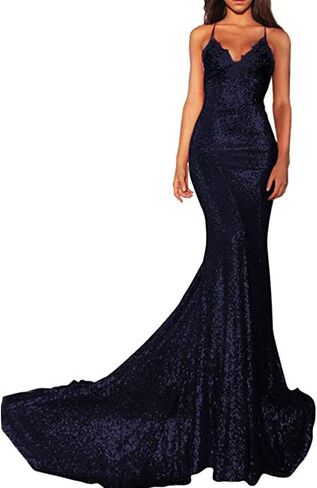 Women Spaghetti Strap Mermaid Long Sequin Evening Gown Open Back Prom Dress in Saudi Arabia