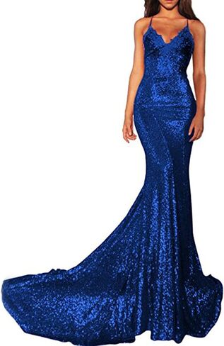 Women Spaghetti Strap Mermaid Long Sequin Evening Gown Open Back Prom Dress in Saudi Arabia