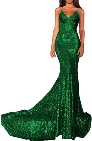Women Spaghetti Strap Mermaid Long Sequin Evening Gown Open Back Prom Dress in Saudi Arabia
