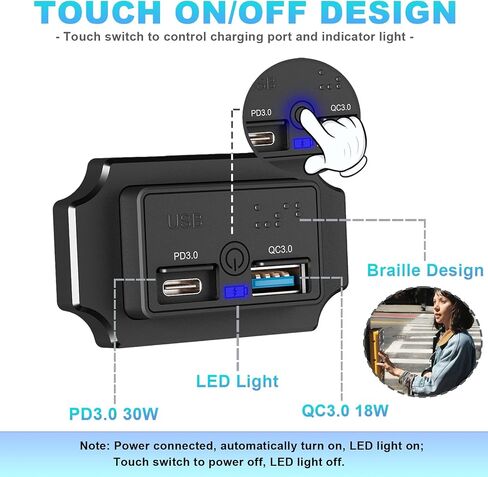 2PCS 12V RV USB Outlet مع مفتاح اللمس و Braille ، 48W Dual PD3.0 Type-C & Quick Charge QC3.0 USB-A PORT PANT in Saudi Arabia