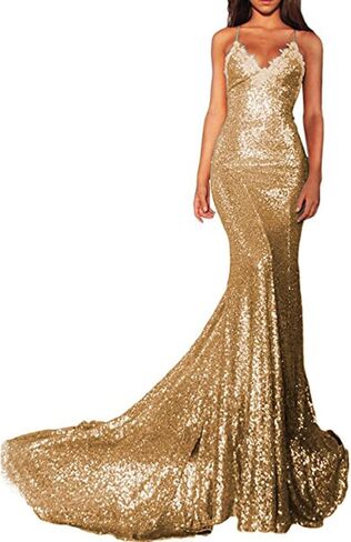 Women Spaghetti Strap Mermaid Long Sequin Evening Gown Open Back Prom Dress in Saudi Arabia