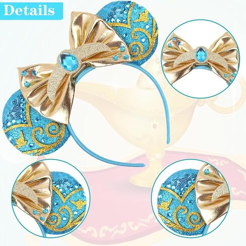 Aladdi Glittery Mouse Ears Headband - Genie & Lamp Theme Park Ears Headbands for Women, Girls, Boys - Costume Accessory for Halloween, Cosplay & Park Trips（Blue Diamonds） in Saudi Arabia