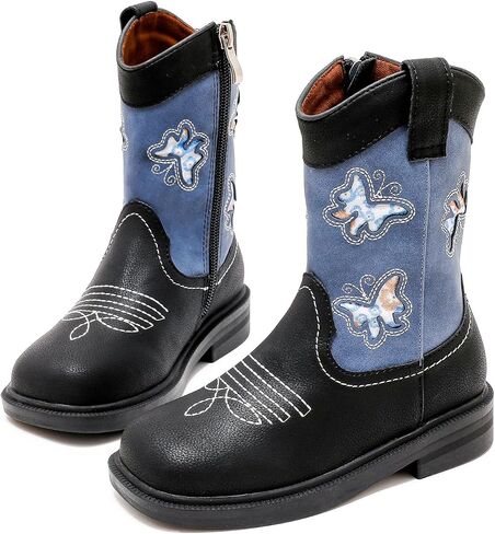 Dadawen Toddler Girls Boots Boots Mid Calf Square Toe Kids Cowboy Boot Glitter Butterfly Sidroidered Side Side Boots Western Boots Riding Shoes in Saudi Arabia