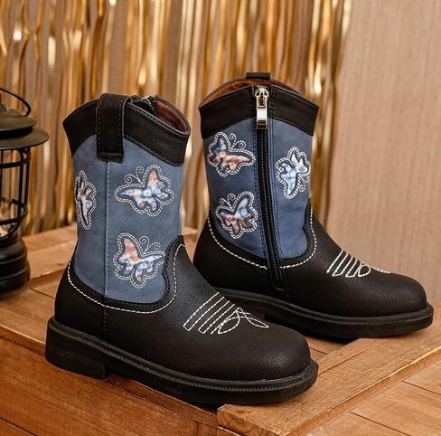 Dadawen Toddler Girls Boots Boots Mid Calf Square Toe Kids Cowboy Boot Glitter Butterfly Sidroidered Side Side Boots Western Boots Riding Shoes in Saudi Arabia