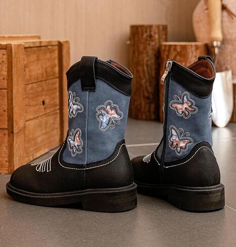 Dadawen Toddler Girls Boots Boots Mid Calf Square Toe Kids Cowboy Boot Glitter Butterfly Sidroidered Side Side Boots Western Boots Riding Shoes in Saudi Arabia