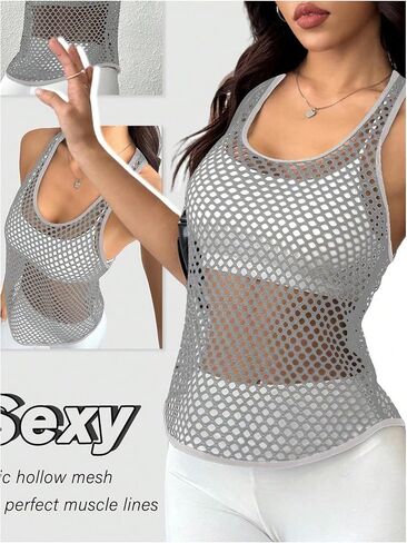 SweatyRocks Women's Racerback Workout Tank Tops Fishnet Sleeveless Athletic Yoga Shirts in Kuwait