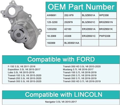 AW6691 Water Pump 3.5L 3.7L V6 For Ford F-150 2011-2016,Expedition 2015-2017,Lobo 2015-2018,Transit-150 Transit-250 2015-2020,Mustang 2016-2017,Lincoln Navigator 2015-2017 Bolt pulley flange in Saudi Arabia