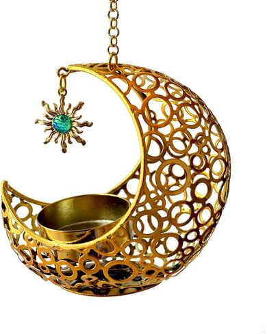 Moon Shape Hanging Tealight Holder, Metal Moon Candle Holder with Chain & Hook, Iron Tea Light Candle Holder Decoration for Home and Garden (Gold) in Saudi Arabia