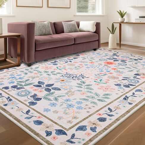 YIHOUSE Floral Pink 5x7 Washable Living Room Area Rug, Non Slip Boho Soft Bedroom Rug, Ultra Thin Colorful Flower Throw Carpet for Nursery Kids Room Playroom Girls Room Pink,5'x7' in Kuwait