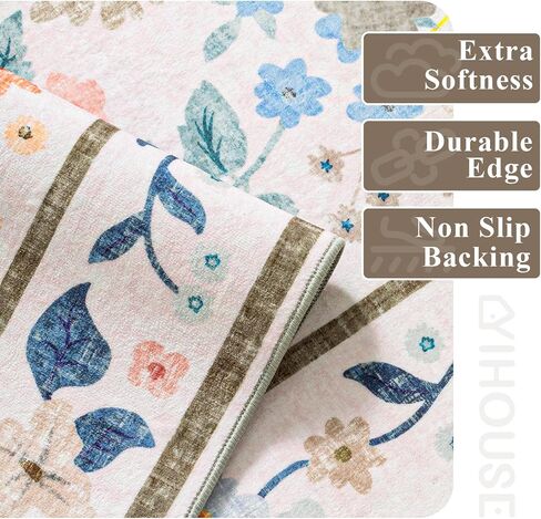YIHOUSE Floral Pink 5x7 Washable Living Room Area Rug, Non Slip Boho Soft Bedroom Rug, Ultra Thin Colorful Flower Throw Carpet for Nursery Kids Room Playroom Girls Room Pink,5'x7' in Kuwait