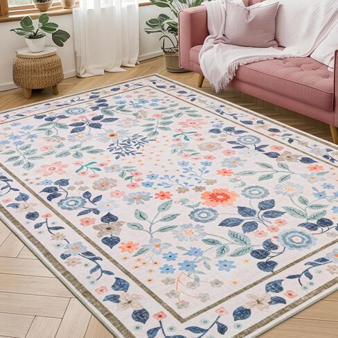 YIHOUSE Floral Pink 5x7 Washable Living Room Area Rug, Non Slip Boho Soft Bedroom Rug, Ultra Thin Colorful Flower Throw Carpet for Nursery Kids Room Playroom Girls Room Pink,5'x7' in Kuwait