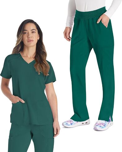 Dickies Scrub Set for Women V-Neck Top DK615 Natural Rise Tapered Leg Pull-On Pant DK005 with 360° Stretch Fabric, Hunter Green - XL Top/XL Petite Pant in Saudi Arabia