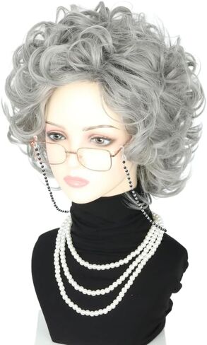 Grey Old Lady Costume Wig and Accessories Set Short Curly Granny Wigs Halloween Paty Cosplay Wig in Kuwait