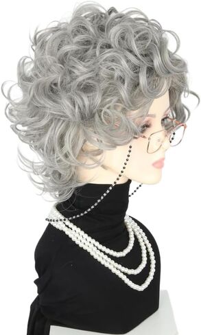 Grey Old Lady Costume Wig and Accessories Set Short Curly Granny Wigs Halloween Paty Cosplay Wig in Kuwait