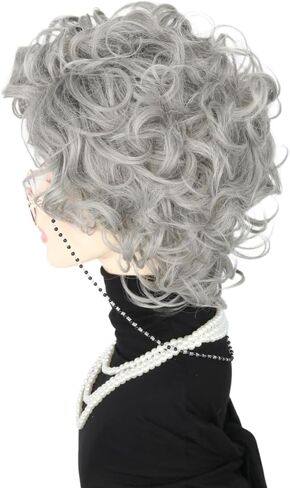 Grey Old Lady Costume Wig and Accessories Set Short Curly Granny Wigs Halloween Paty Cosplay Wig in Kuwait