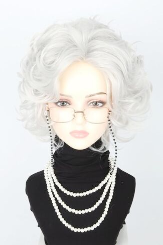 Grey Old Lady Costume Wig and Accessories Set Short Curly Granny Wigs Halloween Paty Cosplay Wig in Kuwait