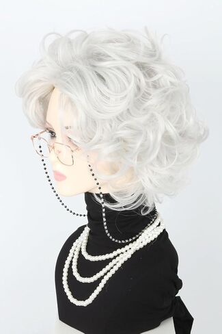 Grey Old Lady Costume Wig and Accessories Set Short Curly Granny Wigs Halloween Paty Cosplay Wig in Kuwait
