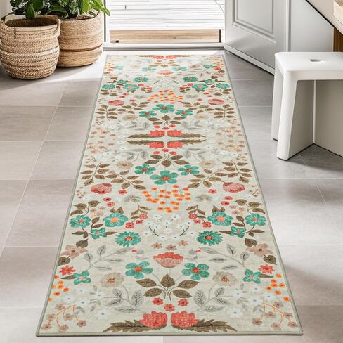 YIHOUSE Floral Pink 5x7 Washable Living Room Area Rug, Non Slip Boho Soft Bedroom Rug, Ultra Thin Colorful Flower Throw Carpet for Nursery Kids Room Playroom Girls Room Pink,5'x7' in Kuwait