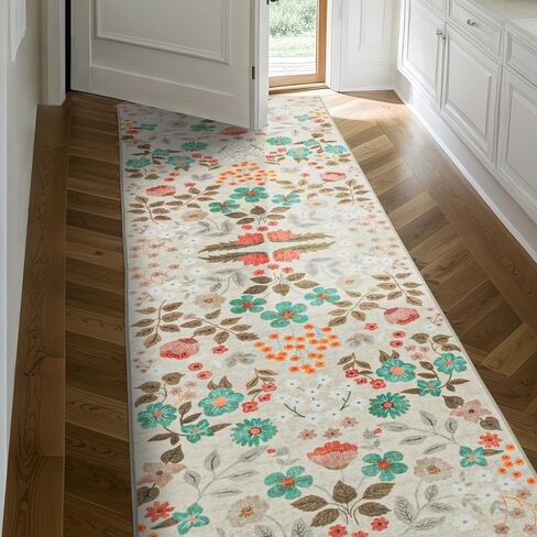 YIHOUSE Floral Pink 5x7 Washable Living Room Area Rug, Non Slip Boho Soft Bedroom Rug, Ultra Thin Colorful Flower Throw Carpet for Nursery Kids Room Playroom Girls Room Pink,5'x7' in Kuwait