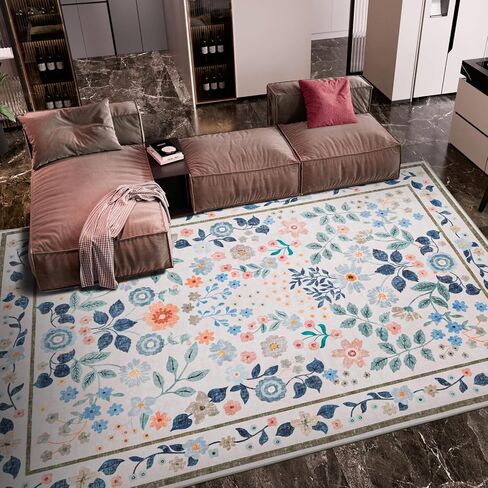 YIHOUSE Floral Pink 5x7 Washable Living Room Area Rug, Non Slip Boho Soft Bedroom Rug, Ultra Thin Colorful Flower Throw Carpet for Nursery Kids Room Playroom Girls Room Pink,5'x7' in Kuwait