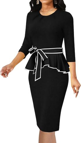 Yiershu Womens Bodycon Pencil Sheath Dress Pleated Crew Neck Peplum Dress Work Business Office in Saudi Arabia