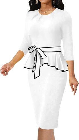 Yiershu Womens Bodycon Pencil Sheath Dress Pleated Crew Neck Peplum Dress Work Business Office in Saudi Arabia
