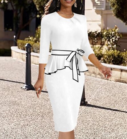 Yiershu Womens Bodycon Pencil Sheath Dress Pleated Crew Neck Peplum Dress Work Business Office in Saudi Arabia