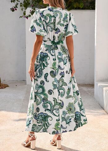 KIRUNDO Women Puff Sleeve Boho Floral Maxi Dress 2025 Spring Summer Button Shirt V Neck Flowy Belted Beach Vacation Dresses in Saudi Arabia