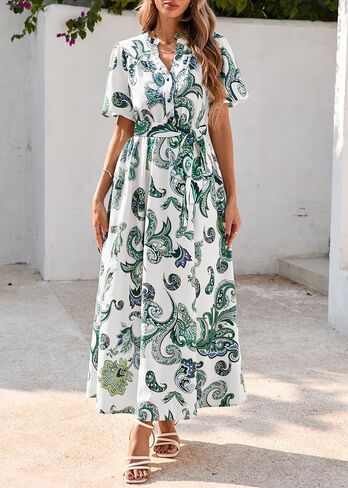 KIRUNDO Women Puff Sleeve Boho Floral Maxi Dress 2025 Spring Summer Button Shirt V Neck Flowy Belted Beach Vacation Dresses in Saudi Arabia