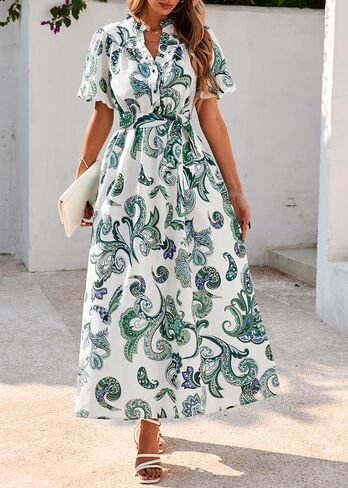 KIRUNDO Women Puff Sleeve Boho Floral Maxi Dress 2025 Spring Summer Button Shirt V Neck Flowy Belted Beach Vacation Dresses in Saudi Arabia