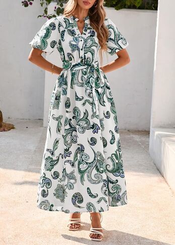 KIRUNDO Women Puff Sleeve Boho Floral Maxi Dress 2025 Spring Summer Button Shirt V Neck Flowy Belted Beach Vacation Dresses in Saudi Arabia