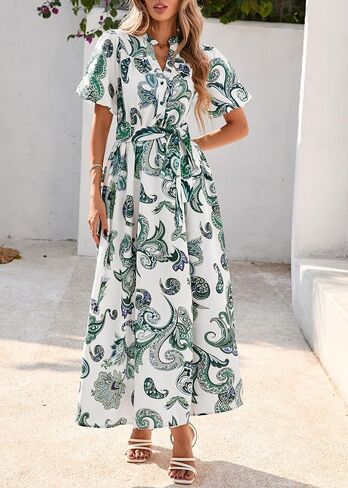 KIRUNDO Women Puff Sleeve Boho Floral Maxi Dress 2025 Spring Summer Button Shirt V Neck Flowy Belted Beach Vacation Dresses in Saudi Arabia