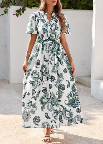 KIRUNDO Women Puff Sleeve Boho Floral Maxi Dress 2025 Spring Summer Button Shirt V Neck Flowy Belted Beach Vacation Dresses in Saudi Arabia