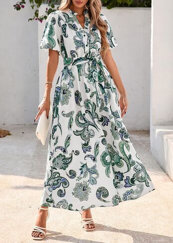 KIRUNDO Women Puff Sleeve Boho Floral Maxi Dress 2025 Spring Summer Button Shirt V Neck Flowy Belted Beach Vacation Dresses in Saudi Arabia
